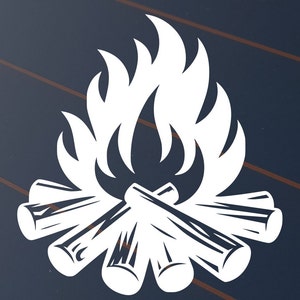 May include: A white graphic depicting a campfire with flames and logs. The flames have a stylized, pointed design, and the logs are arranged in a circular pattern. This simple design is suitable for outdoor-themed products.