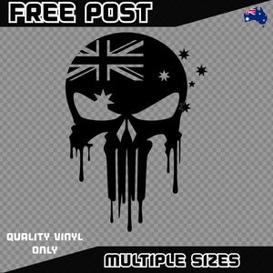 May include: Black vinyl decal with a skull design incorporating the Australian flag. The skull has a dripping effect. Text includes "FREE POST", "QUALITY VINYL ONLY", and "MULTIPLE SIZES".