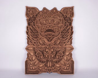 3D Mandala "Minerva" – Multi-layered wooden wall art, owl, laser-cut wall decoration