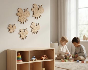 5 wooden bees, wall decoration for the children's room – Sustainable children's room decoration made from 6 mm beech wood – Natural & handmade