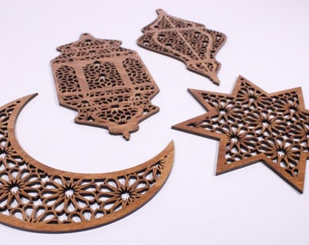 Ramadan decoration, Eid decoration, crescent moon, star and two oriental lanterns with geometric pattern, wall art, 4-piece set made of wood.