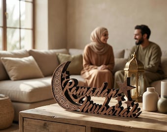 Ramadan decorations, Eid decorations, Ramadan Mubarak, Eid Mubarak, crescent moon, engraved geometric patterns, table decorations, wood, laser cut, engraved