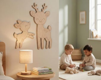 2 Wooden Deer Wall Decorations for Children's Rooms – Sustainable Children's Room Decor Made from 6 mm Beech Plywood – Handmade & Natural