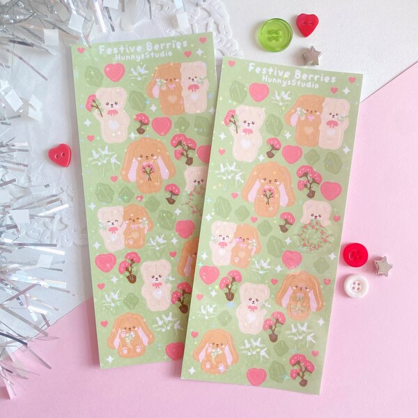 Festive Berries holographic vinyl sticker sheet | Christmas mistletoe and Holly wreath themed bunny bear sticker sheet korean photocard deco