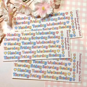 Hoja de pegatinas con letras de días laborables en tonos pastel / Pegatinas kawaii con letras en tonos pastel para días laborables, bullet journal, scrapbooking, planificador, polco, toploader, lindo rosa