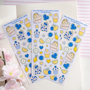 Hoja de pegatinas de vinilo mate con diseño de pasteles de arándanos y limón, pegatinas de comida de conejito kawaii, pegatinas de Kpop coreano, pegatinas de diario, planificador de frutas, etc.
