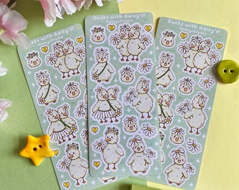 Ducks with daisies sticker sheet | matte deco stickers, Korean style illustrated duck duckling chick flower spring stickers, polco stickers