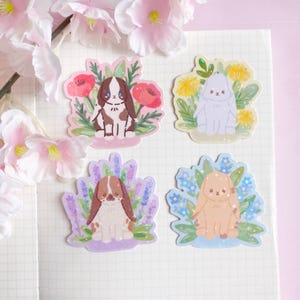 autocollant holographique découpé avec des matrices de lapin fleur | Grands autocollants kawaii, lapin fleuri, lapin floral holo, nature, plantes, Adorables autocollants imperméables déco imperméables