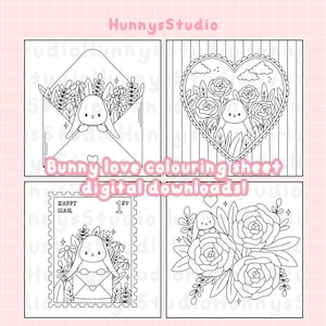 Dibujos para colorear de conejos enamorados. Descargas digitales instantáneas. Libro para colorear para adultos. Lindo conejo kawaii. Carta de amigo por correspondencia. Rosa. Dibujos para colorear florales.