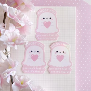 Ghost hugs die cut Aufkleber holographisch | Mentale Gesundheit Zitat Motivation Genesung große individuelle Vinyl Holo Sticker kawaii pink Liebe Sticker
