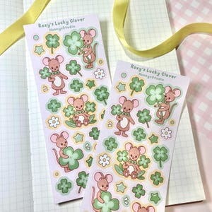 Feuille d'autocollants en vinyle mat Roxy Clover | Souris kawaii verte trèfle porte-bonheur étoile déco étoile de l'an 2000 pour scrapbooking autocollant polco toploader deco