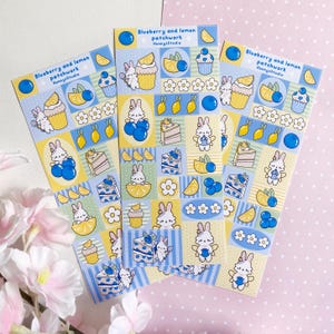 Foglio di adesivi in vinile opaco patchwork di mirtilli e limoni / adesivi quadrati kawaii coniglietto coreano polco kpop toploader deco journal planner frutta