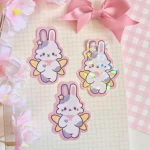 Großer Hasenfee gestanzter Aufkleber holographisch | großer individueller Holo Sticker mit niedlichem Hasen, gelbem Stern, rosa, kawaii ästhetischen Umrissen