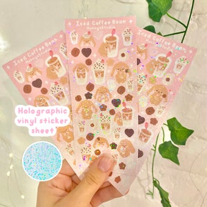 Hoja de pegatinas holográficas de vinilo con granos de café helado / pegatinas de conejito de café kawaii, pegatinas de mini tarjetas fotográficas de carga superior, pegatinas decorativas Polco