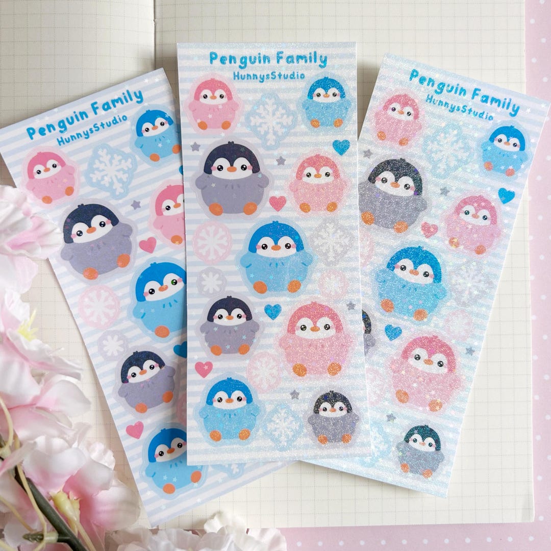 Penguin Family Vinyl Holo Sticker Sheet | Kawaii Grey Pink Blue Winter ...