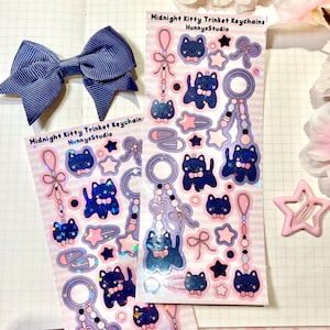Feuille d'autocollants holographiques en vinyle pour chat noir | Porte-clés kawaii avec chat autocollant coréen holographique kpop deco planner polco toploader deco