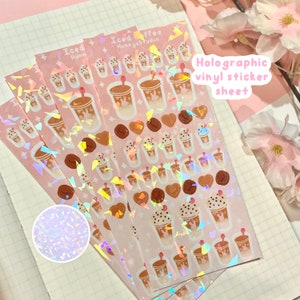 Iced coffee holographic vinyl sticker sheet | holo effect vinyl polco deco stickers, aesthetic iced coffee sticker sheet, Korean stickers
