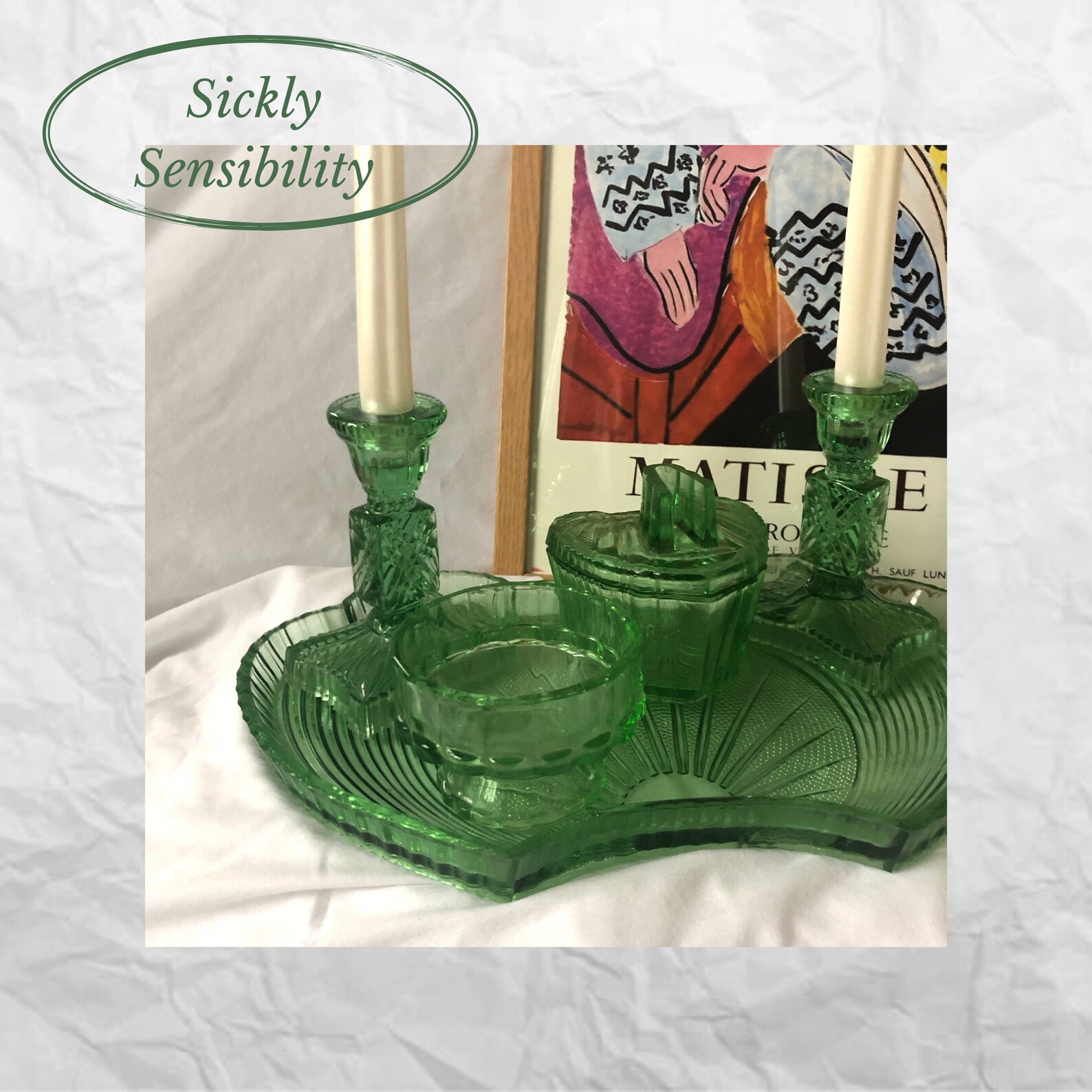 Green Vintage Glass Vanity 5piece Set Etsy