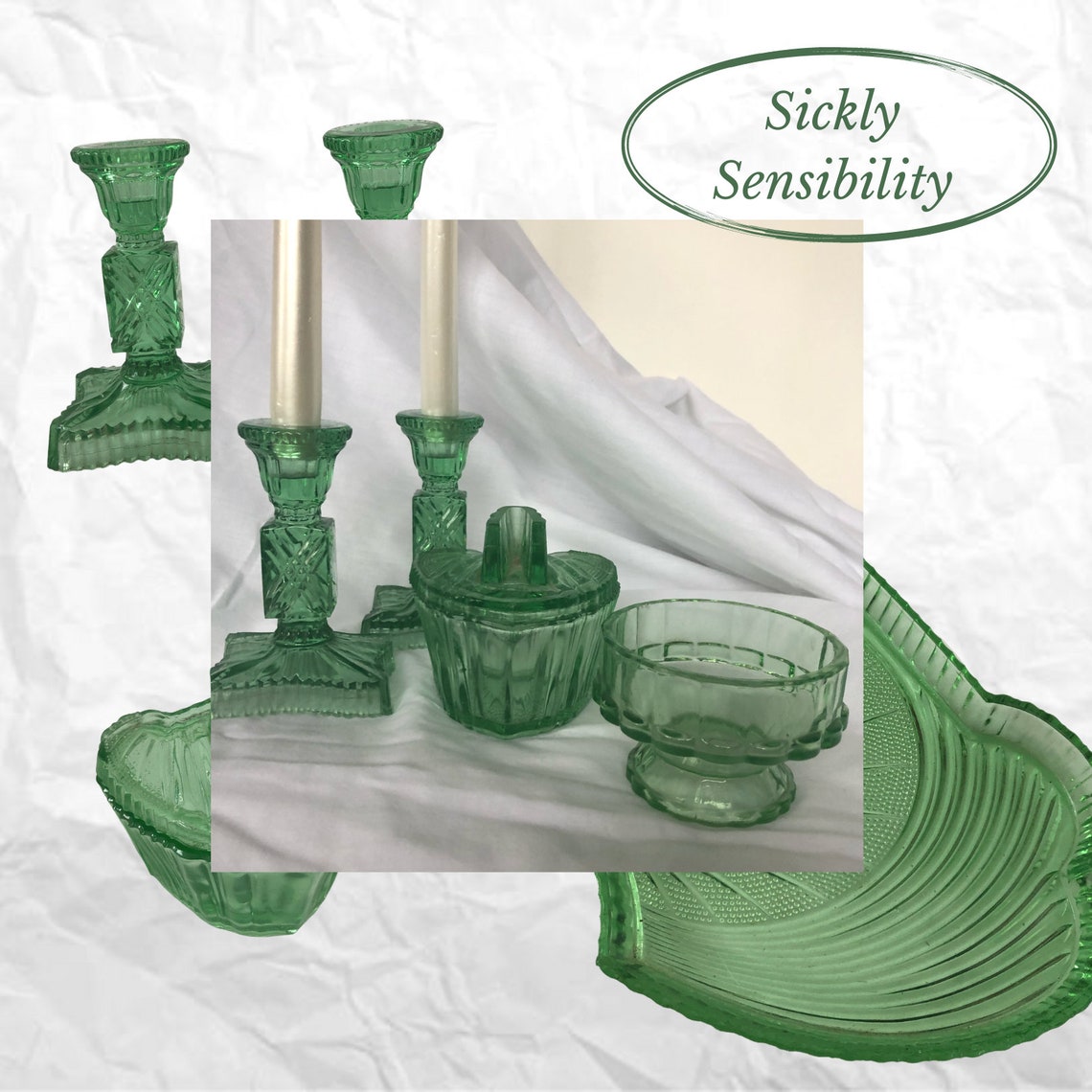 Green Vintage Glass Vanity 5piece Set Etsy