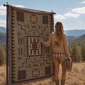 May include: A large, rectangular woven blanket with a geometric pattern in shades of brown, beige, and red is displayed outdoors. The blanket is fringed and mounted on a metal stand. A beige sweater with a horse design is visible.