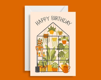 Happy Birthday Greenhouse Illustration Card, Birthday Gardening Card, Nature Lover Card, Botanical Illustration, Crazy Plant Lady