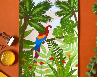 Jungle Illustration Print, Parrot Wall Art, Plant Lovers Gift, Botanical Illustration, Palm Tree Wall Art, Jungle Poster, Bright colour Art