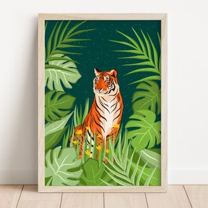 Tiger Art Print, Jungle Illustration, Tropical Leaf Print, Jungle Poster, Plant Lovers Gift, Tiger Wall Art, Botany Print, Tiger Painting