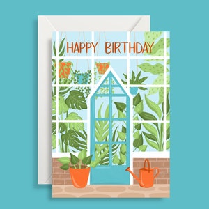 Cartão de ilustração de estufa de feliz aniversário, cartão de jardinagem de aniversário, cartão de amante da natureza, ilustração botânica, senhora de planta louca