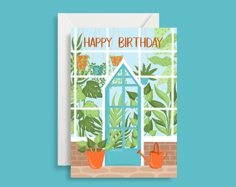 Happy Birthday Greenhouse Illustration Card, Birthday Gardening Card, Nature Lover Card, Botanical Illustration, Crazy Plant Lady