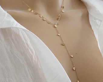 Gold-plated steel Y necklace with round disc tassels