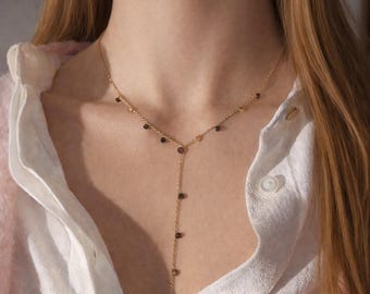 Gold-tone steel Y-shaped necklace with round bead charms - Delicate minimalist necklace - Fine women's jewelry - Chic gift