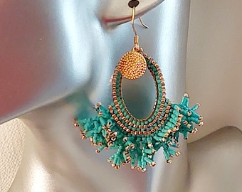 Turquoise pearl earrings with fringes