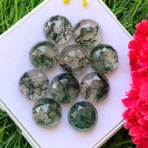 Natürliche Moosachat Rosenschliff Cabochon 10 mm runde Form 10 Stück, AAA + Grade Moosachat facettierte Rose für die Schmuckherstellung geschnitten