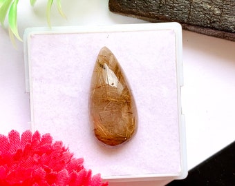 Copper Rutile Quartz Cabochon: Pear Shape Gemstone, 34 Carats