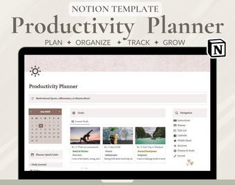 May include: A laptop screen displaying a Notion template for a productivity planner. The template includes a calendar, quick links, a daily journal, and sections for goals, current goals, and navigation. The template is designed to help users plan, organize, track, and grow their productivity.