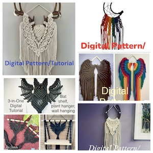 May include: A collage of images showcasing different macrame wall hangings, including a bat, angel wings, and a crescent moon. The images include the text "Digital Pattern/Tutorial" and "3-in-One Digital Tutorial".