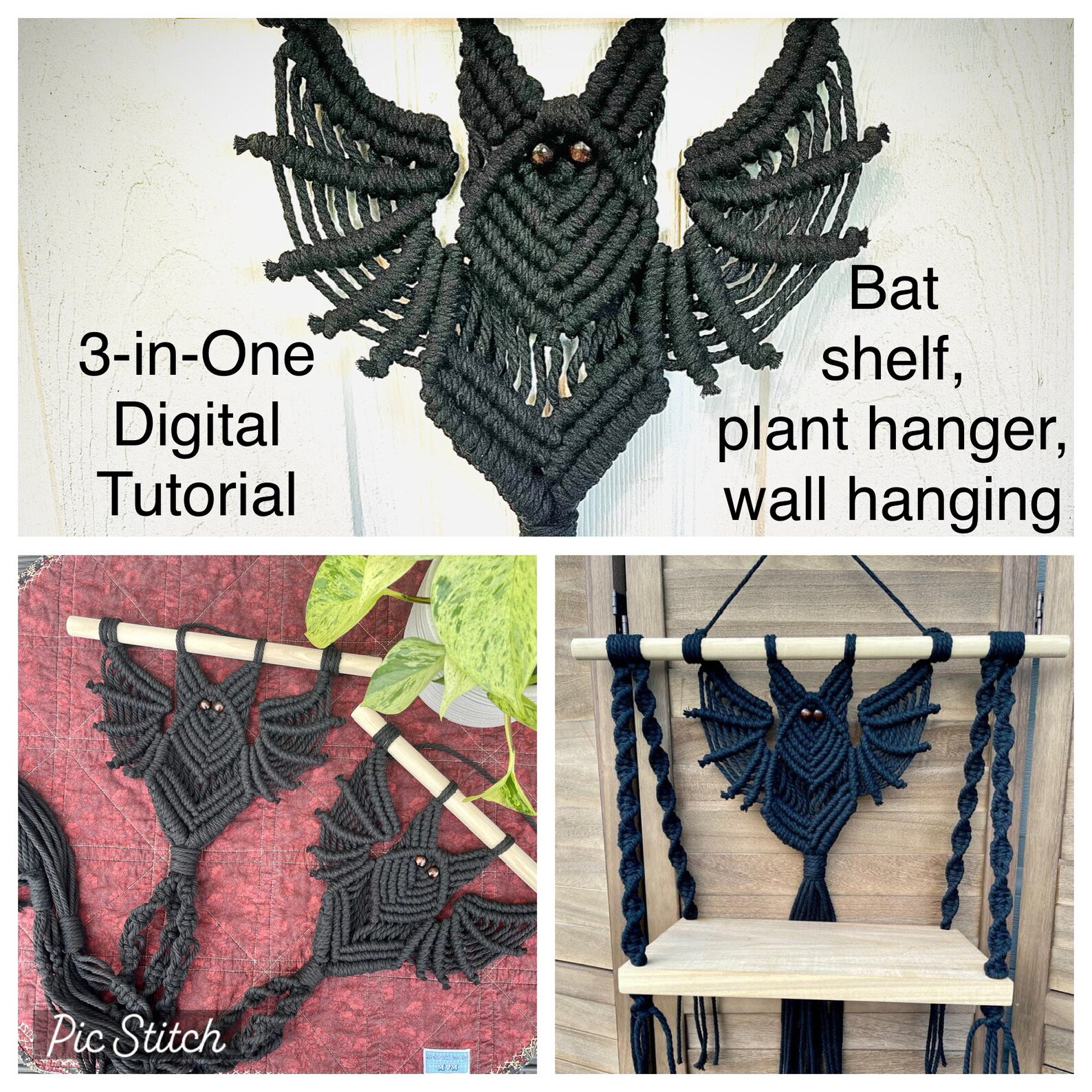 Macrame Bat 3inone Tutorial Pattern Bat Wall Hanging Shelf Etsy