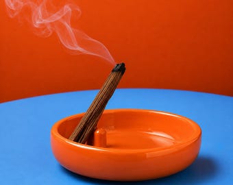 May include: A bright orange ceramic bowl with a small central post, holding a single smoldering brown wooden stick that emits a thin trail of white smoke. The bowl has a smooth, glossy finish and a rounded, circular shape.