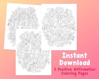 Positive Affirmation Coloring Pages | Adult Coloring Pages | Digital Printables