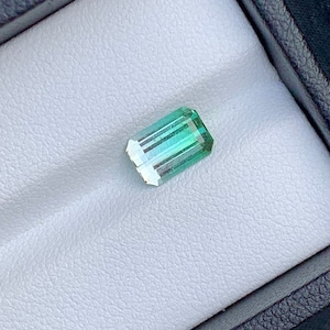 May include: A green and blue gemstone with a rectangular shape, set in a white velvet box.