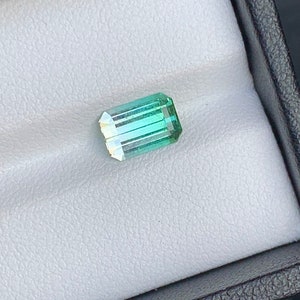 May include: A green and blue gemstone with a rectangular shape, set in a white box.