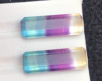 May include: Two rectangular, faceted gemstones with a gradient of colours: blue, green, purple, and yellow. The gemstones are displayed on a white surface, showcasing their polished appearance. The gemstones are likely for jewellery making.