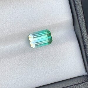 May include: A green and blue gemstone with a rectangular shape, set in a white velvet box.