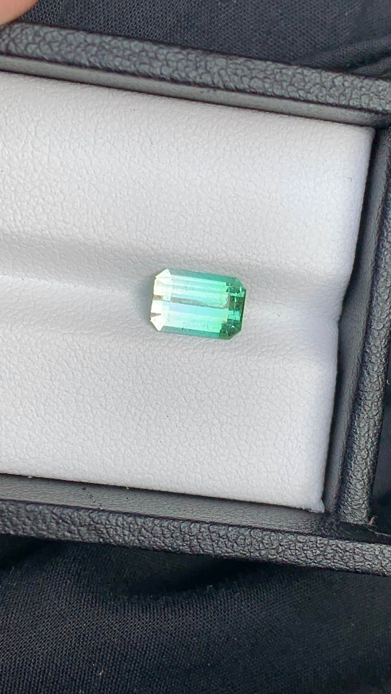 May include: A light green and dark green gemstone with a rectangular shape, set in a white box.