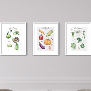 フランスのチャートプリントの果物と野菜3点セット、水彩ミニマリストウォールアート、印刷可能な植物のフランスアート