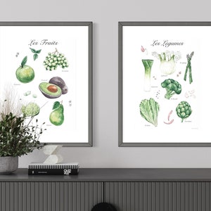 フランスの野菜と果物のチャートプリント2枚セット、水彩ミニマリストウォールアート、印刷可能なフランスの植物アート