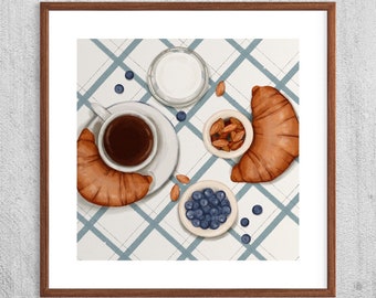 Utskrivbar poster med frukostkaffe och croissanter, fyrkantig väggkonst, redo att tryckas