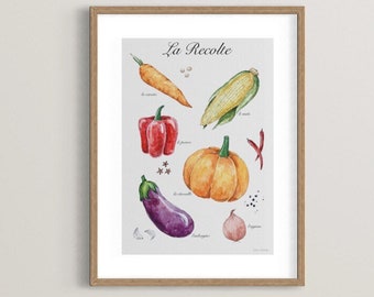 Printable chart poster, French colourful harvest vegetables "la revolte", watercolor art ready to print