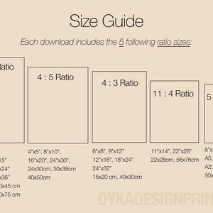May include: A size guide for printable art prints, showing five different aspect ratios: 2:3, 4:5, 4:3, 11:4, and 5:7. The guide includes measurements in inches and centimeters.