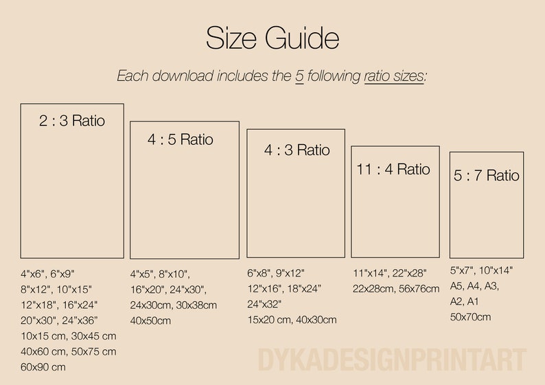 May include: A size guide for printable art prints, showing five different aspect ratios: 2:3, 4:5, 4:3, 11:4, and 5:7. The guide includes measurements in inches and centimeters.